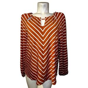 Chicos Orange White Stripe Long Sleeve V Neck Keyhole Top Women Sz M (1) Casual